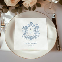 Elegant Blue Floral Crest Monogram Wedding