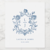 Elegant Blue Floral Crest Monogram Wedding Wijn Etiket (Enkel label)