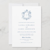 Elegant Blue Floral Crest Striped Back Wedding Kaart (Voorkant)