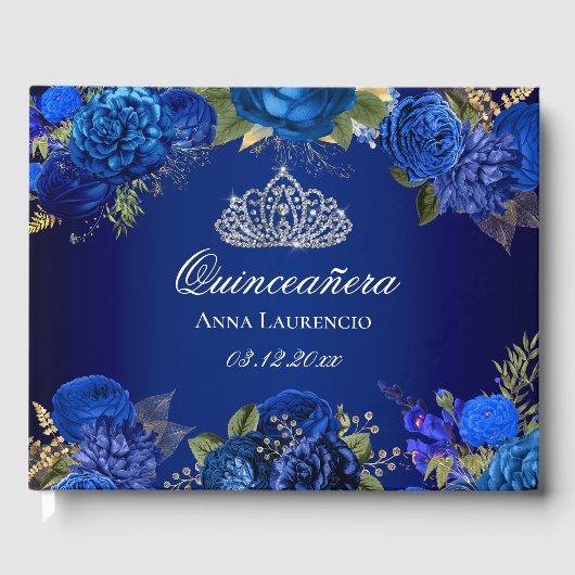 Elegant Blue Floral Diamond Tiara Quinceanera Gastenboek (Voorkant)