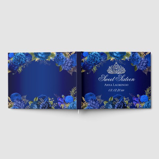Elegant Blue Floral Diamond Tiara Sweet Sixteen Gastenboek (Volledig)
