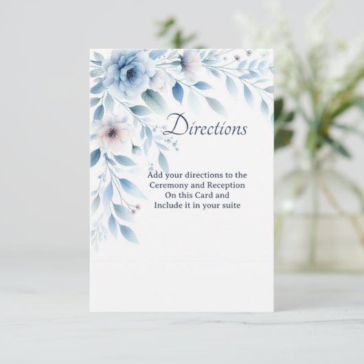 Elegant Blue Floral Directions Enclosure Card Bedankkaart (Staand voorkant)