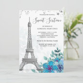 Elegant Blue Floral Eiffel Tower Sweet Sixteen Kaart (Staand voorkant)