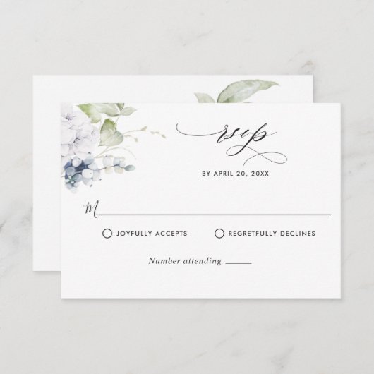 Elegant Blue Floral en Greenery Wedding RSVP Kaartje (Voorkant / Achterkant)