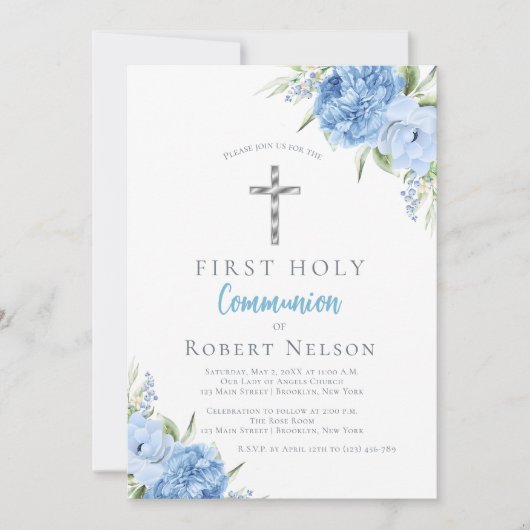 Elegant Blue Floral First Holy Communion Kaart (Voorkant)