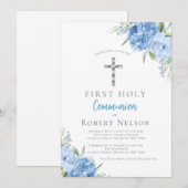 Elegant Blue Floral First Holy Communion Kaart (Voorkant / Achterkant)