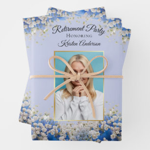 Elegant Blue Floral Floral Photo Retirement Party Inpakpapier Vel