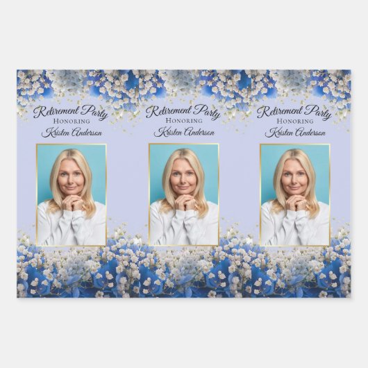 Elegant Blue Floral Floral Photo Retirement Party Inpakpapier Vel (Voorkant 2)
