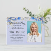 Elegant Blue Floral Floral Photo Retirement Party Kaart (Staand voorkant)