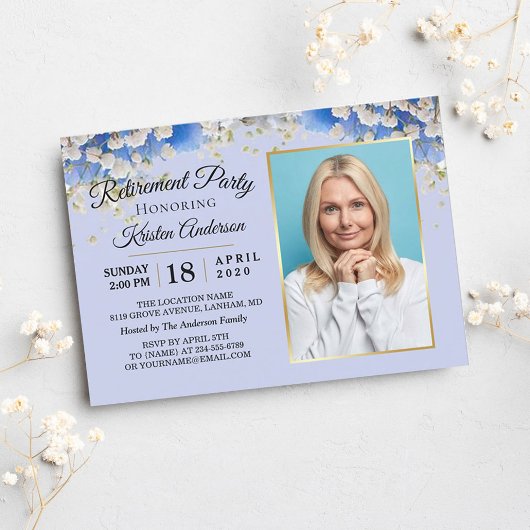 Elegant Blue Floral Floral Photo Retirement Party Kaart