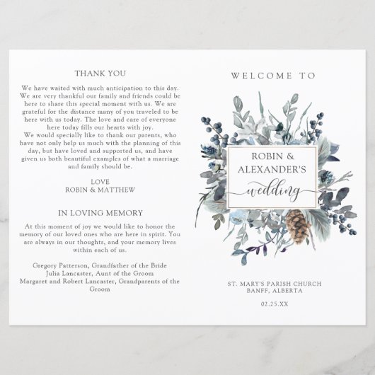 Elegant Blue Floral, Folded Wedding Programme (Voorkant)