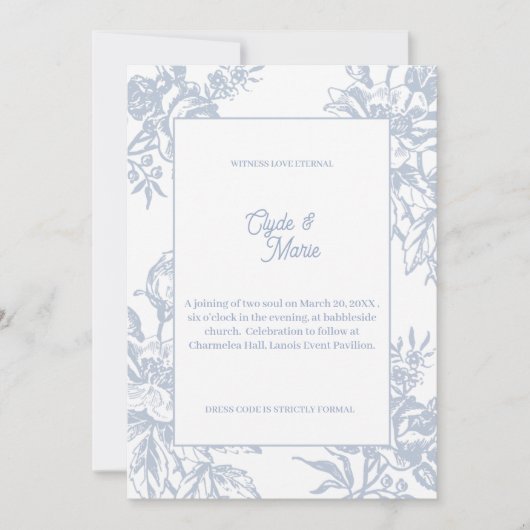Elegant Blue Floral Formal Wedding Invitation |  Kaart (Voorkant)