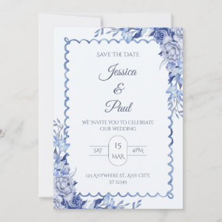 Elegant  Blue Floral Frame Wedding Invitation Kaart