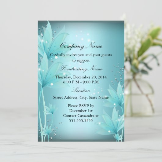 Elegant Blue Floral Fundraiser Invitation Kaart (Staand voorkant)
