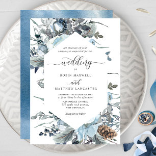 Elegant Blue Floral Geometrical Wedding Kaart