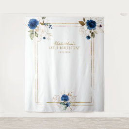 Elegant Blue Floral Gold 18th Birthday Foto Prop Wandkleed