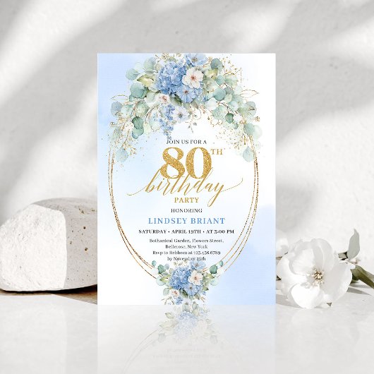 Elegant Blue Floral Gold 80th Birthday Invitation Kaart