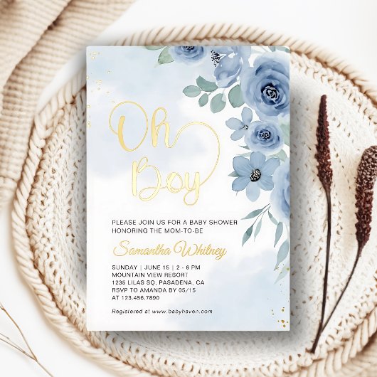 Elegant Blue Floral Gold Boy Baby shower Folie Uitnodiging