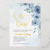 Elegant Blue Floral Gold Boy Baby shower Folie Uitnodiging (Voorkant)
