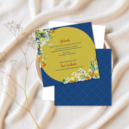Elegant Blue Floral Gold Citrus Wedding Details Informatiekaartje