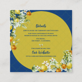 Elegant Blue Floral Gold Citrus Wedding Details Informatiekaartje