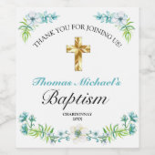Elegant Blue Floral Gold Cross Baby Baptisme Wijn Etiket (Enkel label)