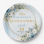 Elegant Blue Floral Gold Personalized Quinceañera Papieren Bordje (Voorkant)