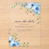 Elegant Blue Floral Greenery Save The Date Acryl Uitnodigingen (Voorkant)