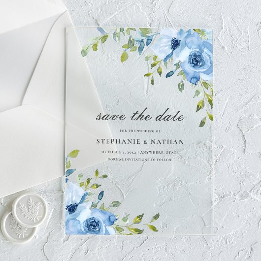 Elegant Blue Floral Greenery Save The Date Acryl Uitnodigingen