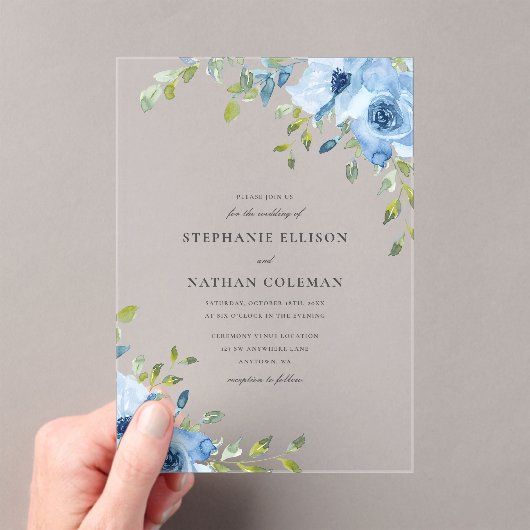 Elegant Blue Floral Greenery Wedding Acryl Uitnodigingen (Insitu (Draagbaar))