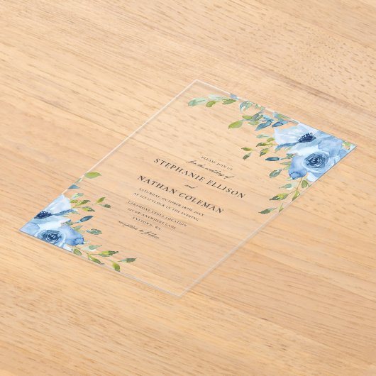 Elegant Blue Floral Greenery Wedding Acryl Uitnodigingen (Laagn)