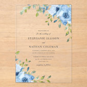 Elegant Blue Floral Greenery Wedding Acryl Uitnodigingen (Voorkant)
