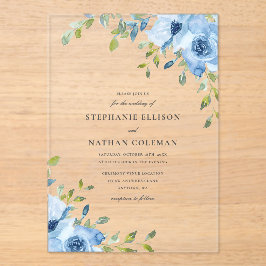 Elegant Blue Floral Greenery Wedding Acryl Uitnodigingen