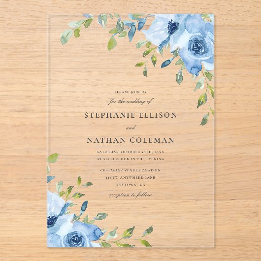 Elegant Blue Floral Greenery Wedding Acryl Uitnodigingen (Voorkant)