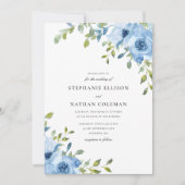 Elegant Blue Floral Greenery Wedding Kaart (Voorkant)