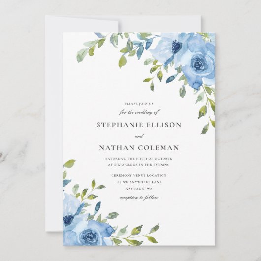 Elegant Blue Floral Greenery Wedding Kaart (Voorkant)