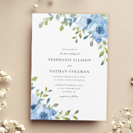 Elegant Blue Floral Greenery Wedding Kaart