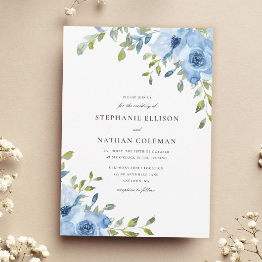 Elegant Blue Floral Greenery Wedding Kaart