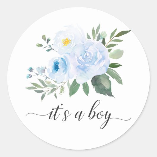 Elegant Blue Floral Het is een Boy Baby shower Sti Ronde Sticker (Voorkant)