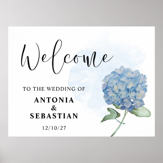 Elegant Blue Floral Hydrangea Wedding Sign Poster (Voorkant)