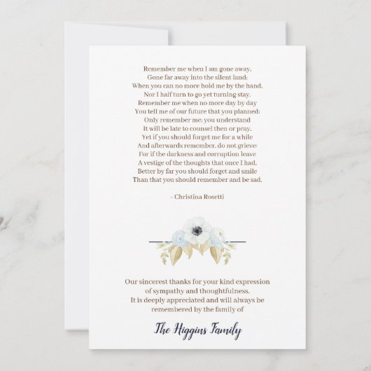 Elegant Blue Floral in het liefhebben van geheugen Bedankkaart (Achterkant)