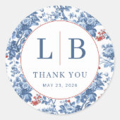 Elegant Blue Floral Initials Ronde Sticker (Voorkant)