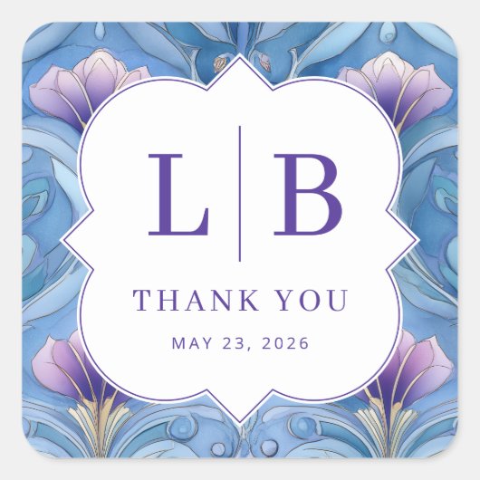 Elegant Blue Floral Initials Vierkante Sticker (Voorkant)