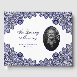 Elegant  Blue Floral Lace Funeral Photo Gastenboek