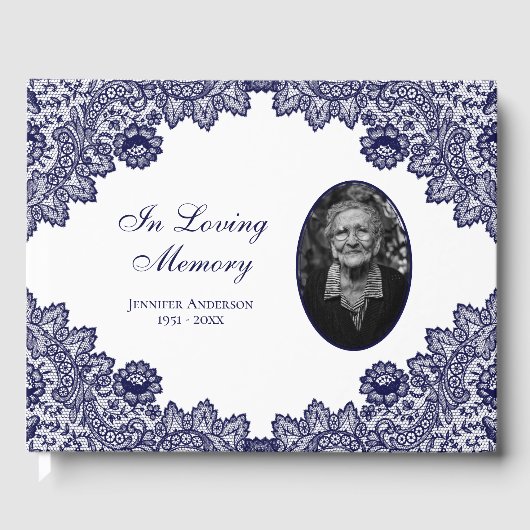 Elegant  Blue Floral Lace Funeral Photo Gastenboek (Voorkant)