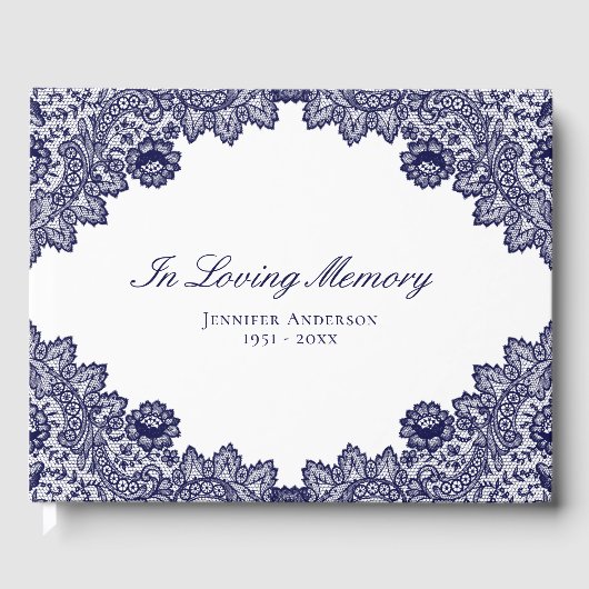 Elegant  Blue Floral Lace Memorial Funeral Gastenboek (Voorkant)