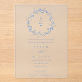 Elegant Blue Floral Laurel Wreath Monogram Wedding Acryl Uitnodigingen (Voorkant)