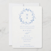 Elegant Blue Floral Laurel Wreath Monogram Wedding Kaart (Voorkant)
