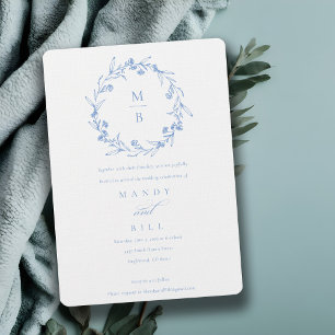 Elegant Blue Floral Laurel Wreath Monogram Wedding Kaart