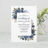 Elegant Blue Floral Lijst Wedding Kaart (Staand voorkant)